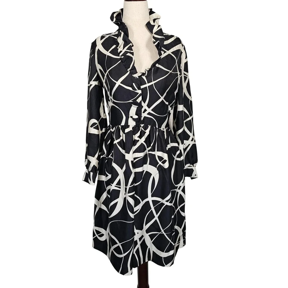 J Crew Dress Womens Size 10 Black White Silk‎ Ruffle Collar Abstract Print HO07